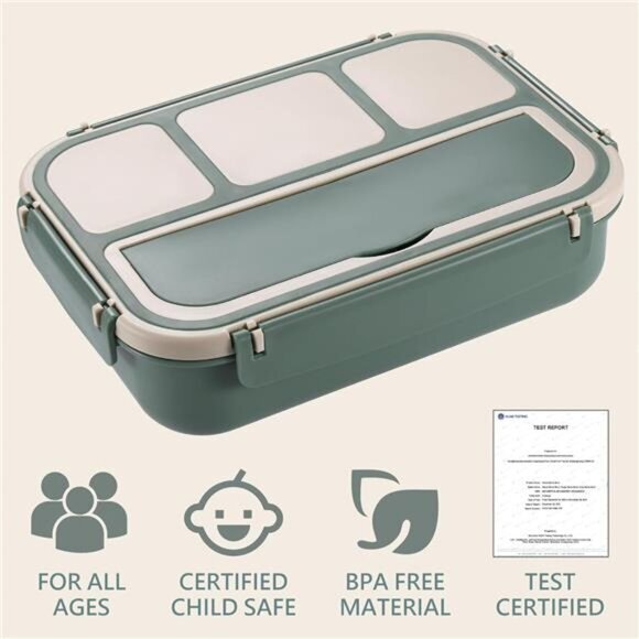 Adult, Kids Bento Lunch Box - 4 Compartments, Utensil Set, for School Dark Green - Picture 5 of 8